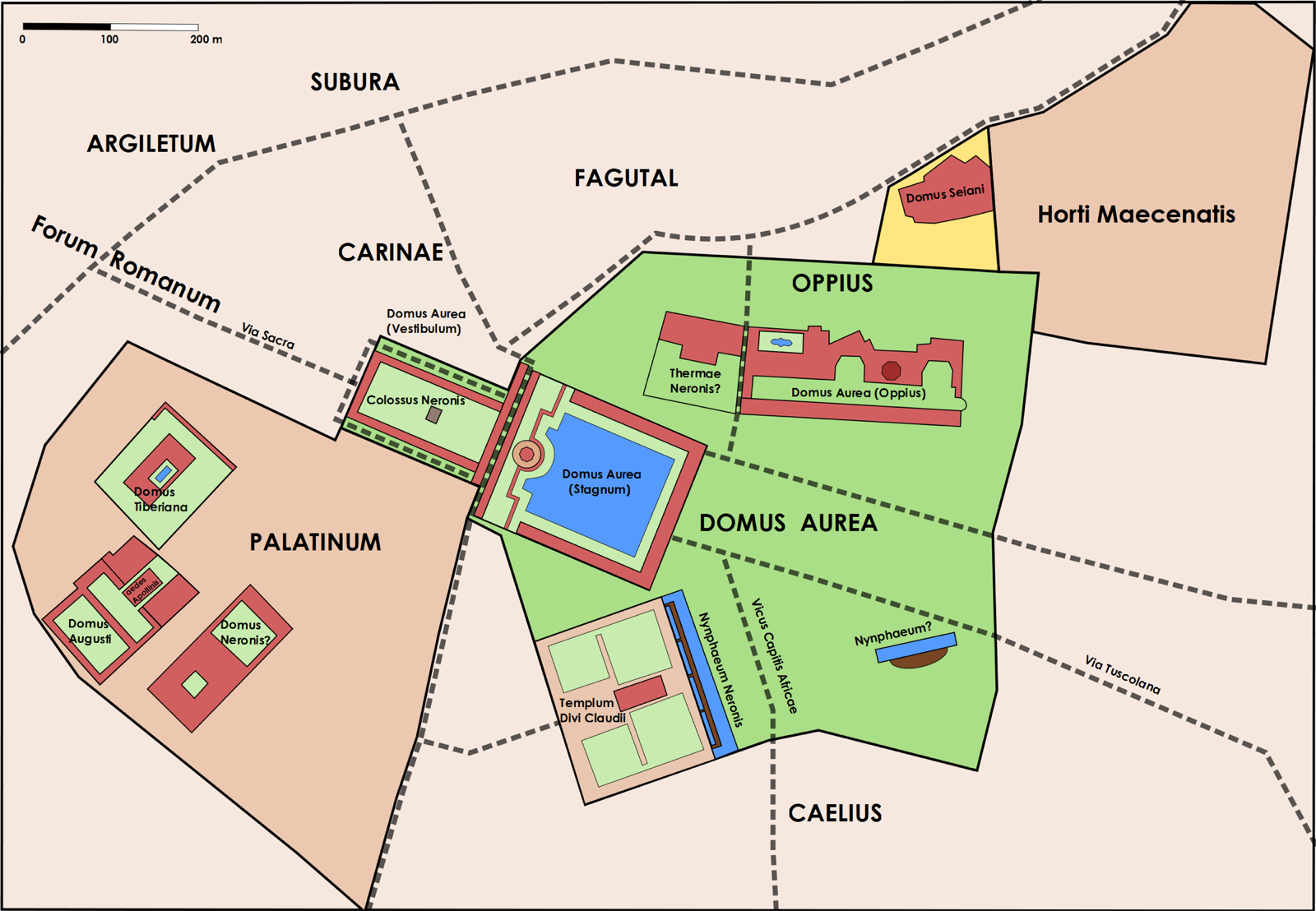 Pianta generale della Domus Aurea di Nerone con il lago stagnum, il vestibolo con il Colosso e l'ala del Colle Oppio