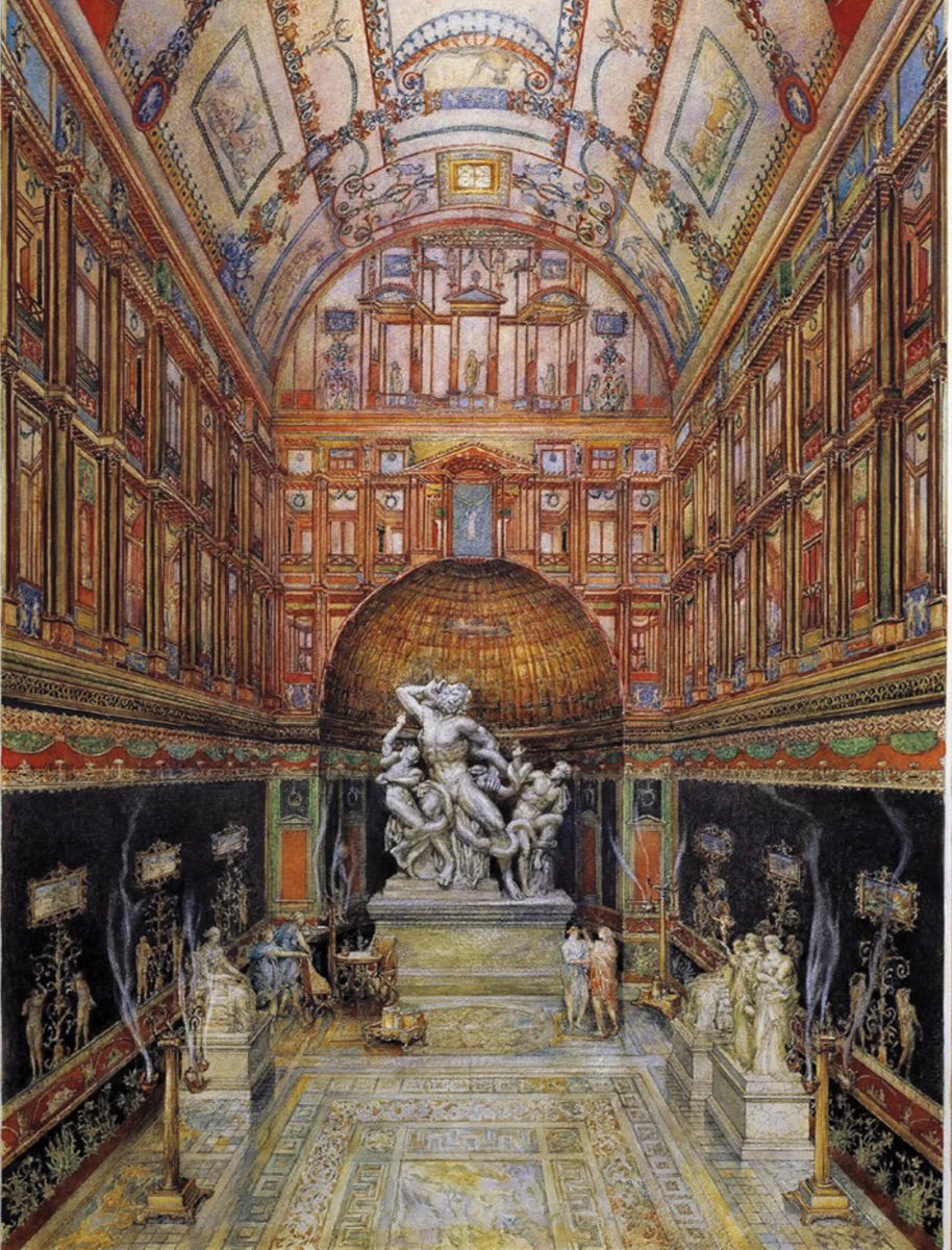 Ricostruzione ad acquerello degli interni affrescati della Domus Aurea con il gruppo del Laocoonte
